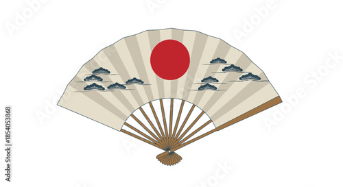 A traditional japanese hand fan with a red sun and landscape design
