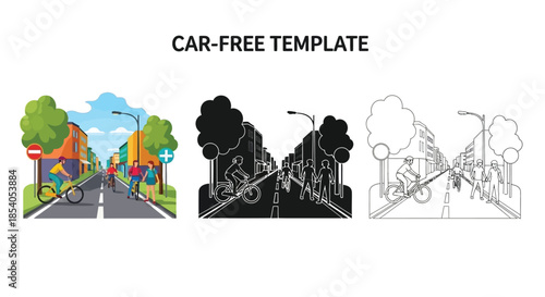 A car free city street with cyclists colorful silhouette and outline templates