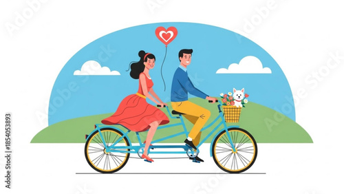 Couple riding tandem bicycle together with heart shaped balloon in a serene landscape