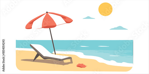 A stylized image of a beach vacation! A cute drawing of a beach: the sea, sand, sun, deck chair, umbrella, basket, and flip-flops. Pure relaxation.