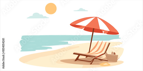 A stylized image of a beach vacation! A cute drawing of a beach: the sea, sand, sun, deck chair, umbrella, basket, and flip-flops. Pure relaxation.