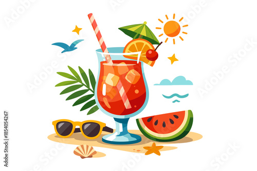 Tropical summer clipart illustration! A tall glass with a refreshing cocktail. The drink is decorated with an orange slice, a red umbrella, and a straw.