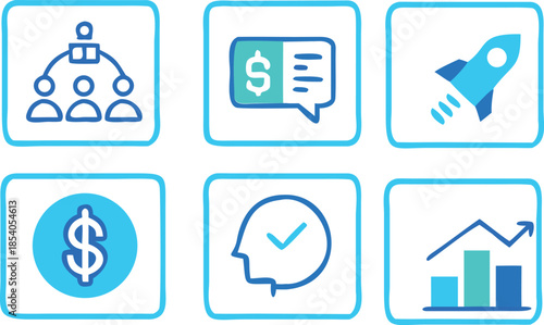 Hand-Drawn Business Icon Set - Minimalist Blue Illustrations for Team Hierarchy, Financial Growth, and Startup 