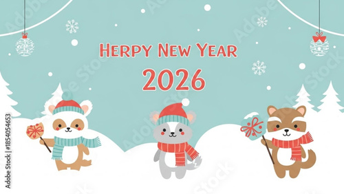 Cute cartoon raccoons and cats in winter hats and scarves holding candy on snowy landscape with pine trees
