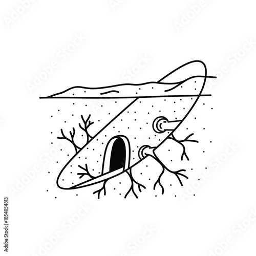 Stylized subterranean world illustration in black and white line art