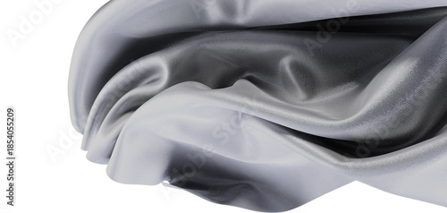 Close up of a flowing silver satin fabric, showcasing the delicate folds, soft textures and beautiful light reflection.