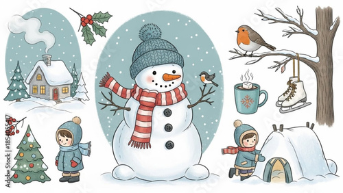 A cheerful snowman in a blue hat and red scarf stands with children, a tent, trees, birds, and winter