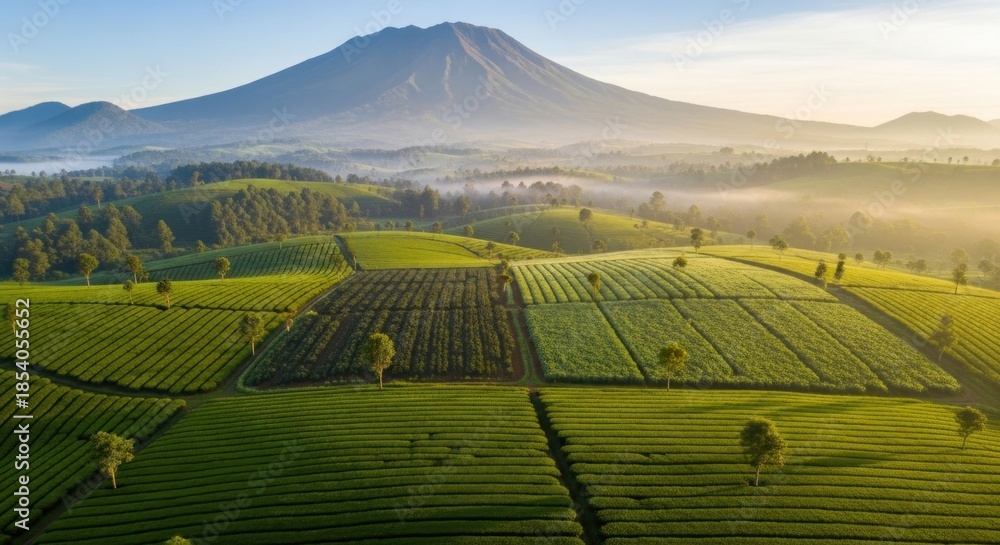Fototapeta premium A lush, green tea plantation with a majestic mountain in the background.
