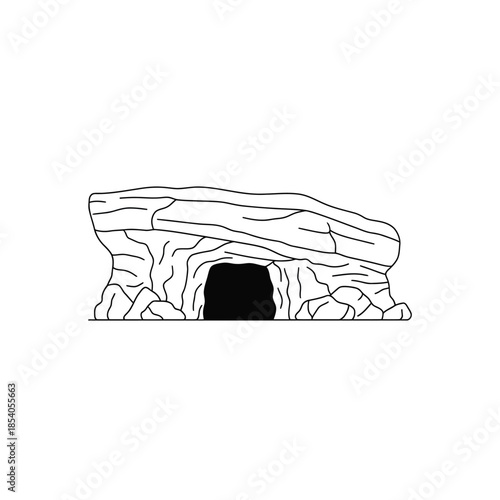 Simple line drawing of a cave entrance amidst rocky terrain illustration