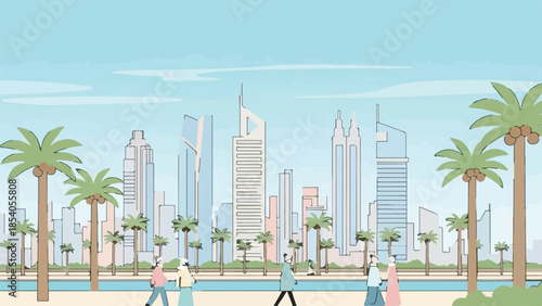 Flat design modern city skyline illustration with tall buildings, palm trees, and people walking by a waterfront.