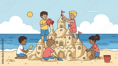 Group of diverse children building a large sandcastle on the beach with spades and buckets under a sunny sky with clouds and ocean waves