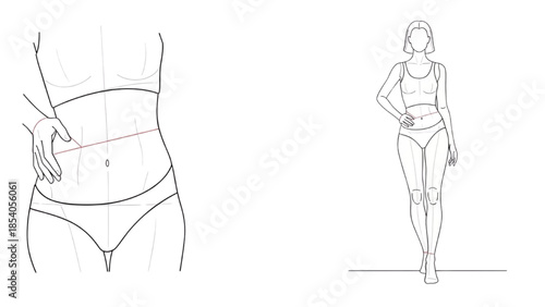 A detailed line drawing of a woman's body from different viewpoints on a white background