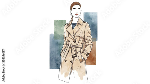 A fashionable woman wearing a long beige trench coat stands confidently in front of a colorful abstract background