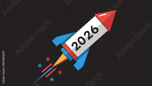 Red and blue rocket with 2026 label flying upwards with sparks on black background