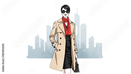 Illustration of a fashionable woman standing confidently in front of a city skyline