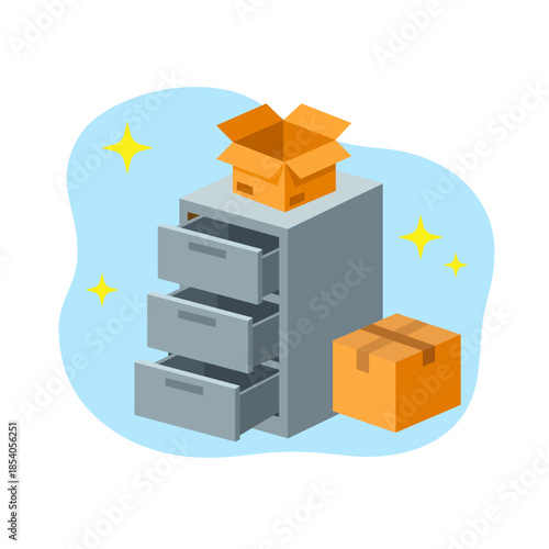 Modern office filing cabinet with cardboard boxes representing organization or data migration empty state ui flat design vector illustration