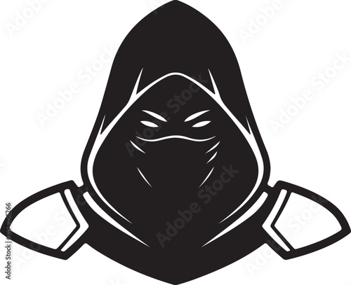 Dark Hooded Assassin with Shoulder Armor. Black and White Vector Masked Ninja Warrior Logo PNG Stock Illustration