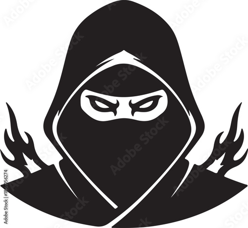 Fierce Hooded Ninja Assassin with Tribal Flames - Black and White Vector Masked Warrior Logo PNG Stock Illustration