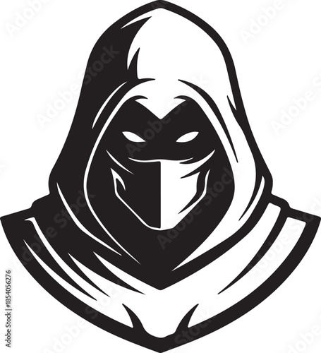 Mysterious Hooded Ninja Warrior with Glowing Eyes - Black and White Vector Masked Assassin Logo PNG Stock Illustration