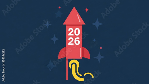 Red paper rocket with 2026 on dark blue background with stars, illustration of future launch concept