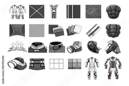 A set of icons in flat semi-flat design — a full range of details and components for a futuristic suit, exoskeleton, combat/protective gear, tactical clothing, or sci-fi armour.