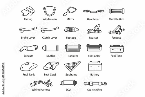 20 line art icons of motorcycle parts and components in black and white style with English labels. 