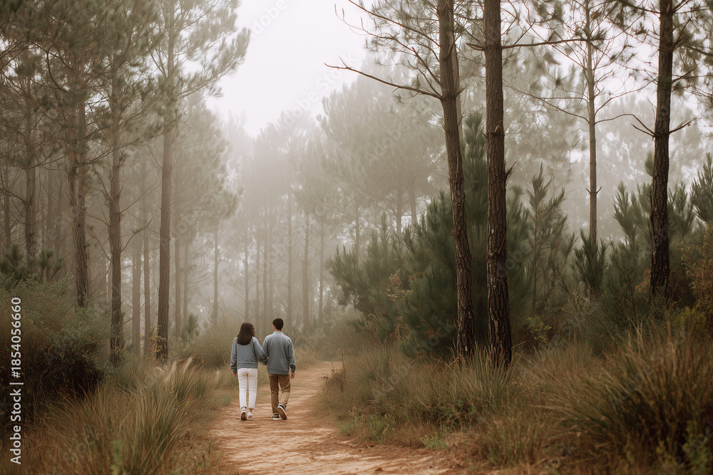 Obraz premium couple walking slowly, Pair Strolling Along a Trail Surrounded by Tall Trees in Misty Atmosphere