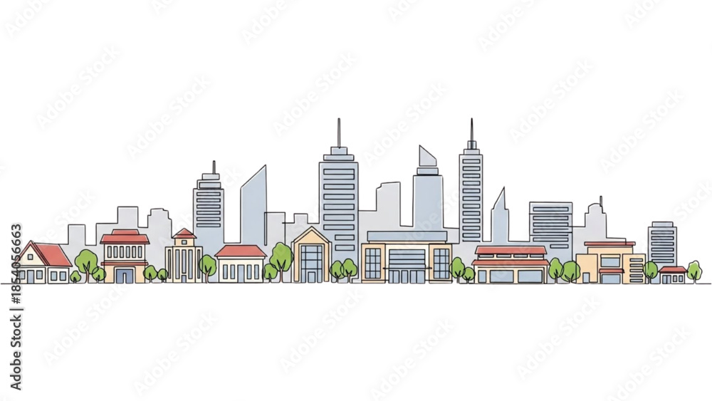 Naklejka premium Cityscape illustration featuring modern and traditional buildings with trees in the foreground