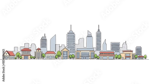 Cityscape illustration featuring modern and traditional buildings with trees in the foreground