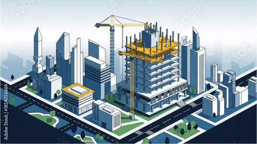 Isometric illustration of a cityscape under construction with a prominent crane and modern buildings