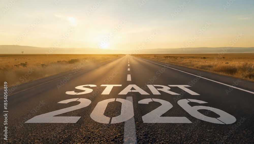Naklejka premium Open road with START 2026 painted toward the vanishing point at sunset, representing a fresh journey, planning, resolutions, and the beginning of the New Year.