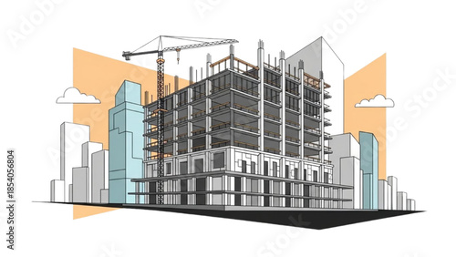 Construction site illustration of a building under development with cranes in an urban landscape