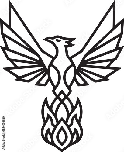 Geometric Minimalist Phoenix Rising from Flames Logo.  Black and White Vector Illustration PNG