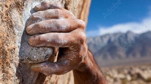 Close Up of Chalked Hand Grip on Granite Rock Face