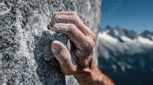 Athlete Hand Gripping Steep Rock Wall During Outdoor Climb