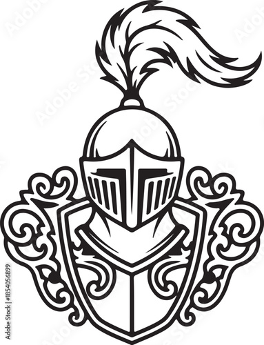 Medieval Knight Helmet with Plume and Ornate Heraldic Shield Crest. Black and White Vector Illustration, Royalty-Free Stock Graphic for Heraldry, Coat of Arms, Logo Design