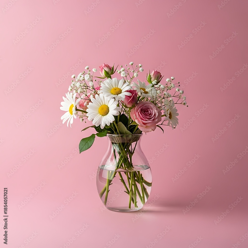 Fototapeta premium Beautiful floral arrangement in a glass vase on a pink background.