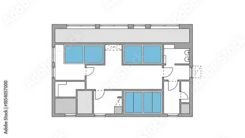 Aerial view of a modern house floor plan with blue highlighted windows and doors in a simple architectural illustration
