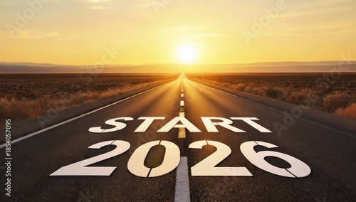 Start 2026 text painted on a long desert highway road leading towards a bright golden sunset, symbolizing new year beginning, future goals, journey, and motivational success.
