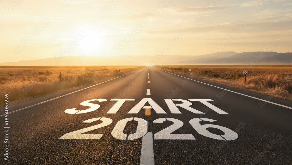 Naklejka premium START 2026 message painted on an endless desert highway during a dramatic golden sunset, representing the future, new resolutions, goals, and the beginning of a journey.
