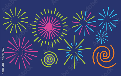 A vibrant display of colorful fireworks bursts and swirling patterns against a dark blue background