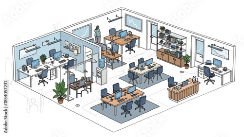 A modern office space with workers at desks and meeting areas viewed from above