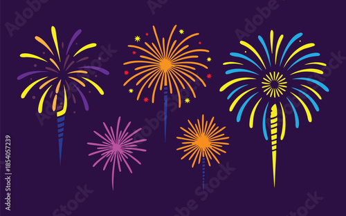 A vibrant collection of colorful fireworks displays illuminating a dark purple night sky celebration and joy