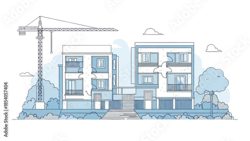 A crane lifting materials beside modern buildings under construction with trees nearby