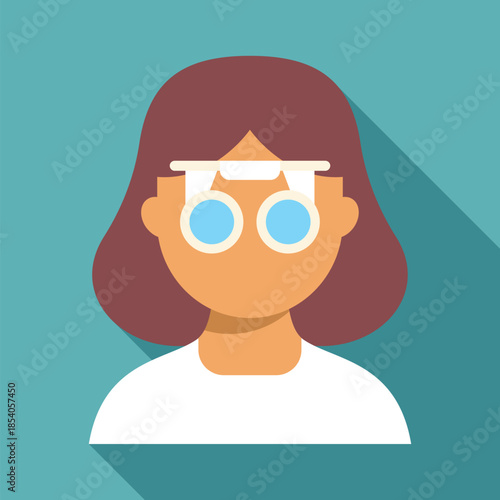 Woman performing vision test with phoropter icon on a teal background
