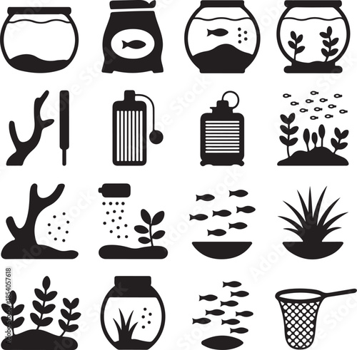Aquarium tank, fish bowl, pet care, aquatic plant, fish food, water filter, cleaning net icons