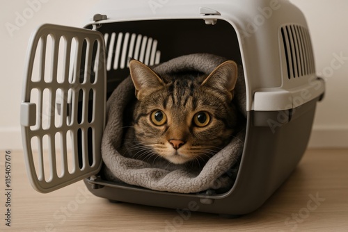 Cat relaxing inside a pet carrier covered with a soft blanket at home in a calm setting