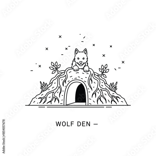 Charming line art of a wolf cub peeking out from a rustic den