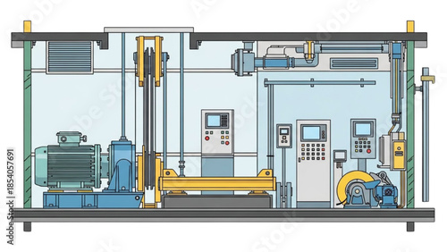 Industrial machinery and equipment in a factory setting with pipes and control panels