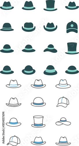 Hat and Cap Outline Icon Set, Minimal Headwear Symbols Collection
